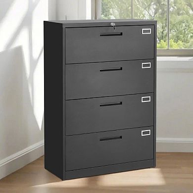 Metal Office File Cabinet with 4 Lockable Drawers and Anti-Tip Safety - Black