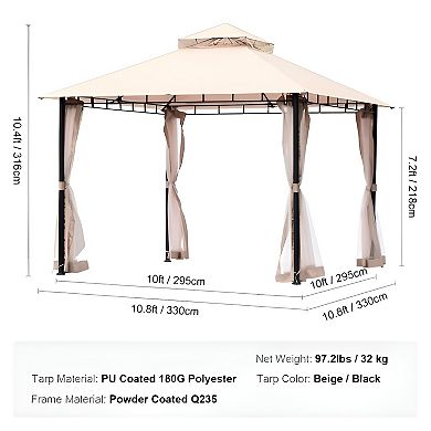 Outdoor Gazebo 10x10 ft with Mesh Curtains and PU-Coated Canopy