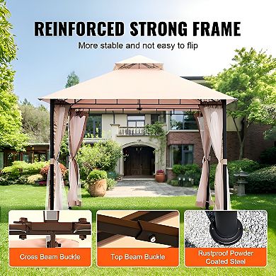 Outdoor Gazebo 10x10 ft with Mesh Curtains and PU-Coated Canopy