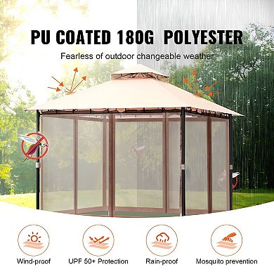 Outdoor Gazebo 10x10 ft with Mesh Curtains and PU-Coated Canopy