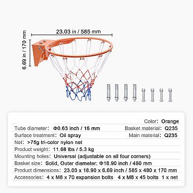 18" Wall-Mount Basketball Hoop Rim with Net for Indoor or Outdoor Play