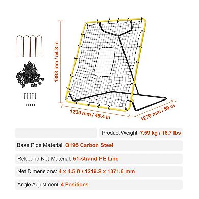 4 ft x 4.5 ft Baseball Rebound Net with Adjustable Angles and Steel Frame