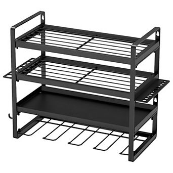 4 tier Wall-Mounted Power Tool Rack with Shelves, Drill Slots, and Hooks - Black