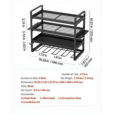 4-Tier Wall-Mounted Power Tool Rack with Shelves, Drill Slots, and Hooks - Black