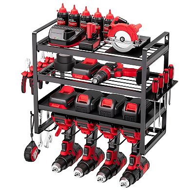 4-Tier Wall-Mounted Power Tool Rack with Shelves, Drill Slots, and Hooks - Black