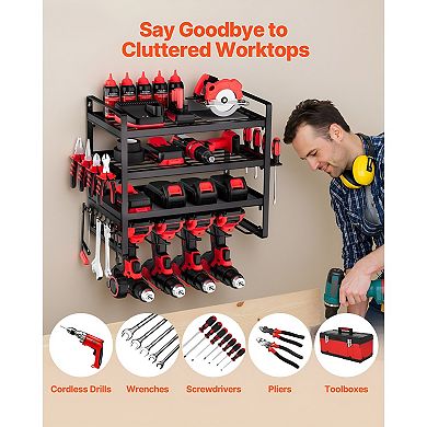 4-Tier Wall-Mounted Power Tool Rack with Shelves, Drill Slots, and Hooks - Black