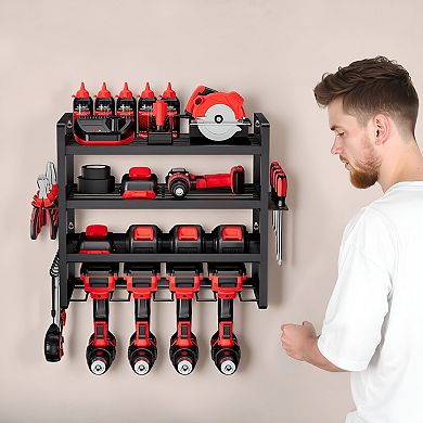 4-Tier Wall-Mounted Power Tool Rack with Shelves, Drill Slots, and Hooks - Black