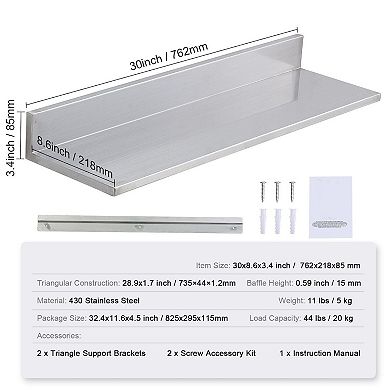 30-Inch Stainless Steel Wall Shelf with Backsplash for Kitchen, Laundry, or Garage Storage