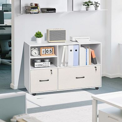 Mobile Office Storage Cabinet with Adjustable File Rods and Casters White
