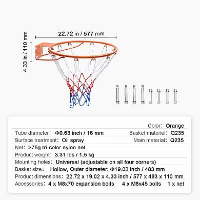 18" Basketball Rim with Nylon Net for Practice, Drills, and Recreational Play