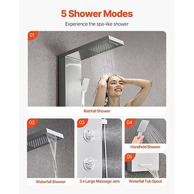 Wall-Mounted 5-in-1 Shower Panel with Massage Jets, Bathtub Spout, and Hand Shower