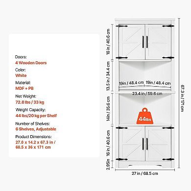 White Corner Cabinet with Adjustable Shelves for Kitchen, Bathroom, or Entryway