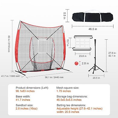Baseball Softball Practice Net Kit with Tee Stand and Square Target Frames