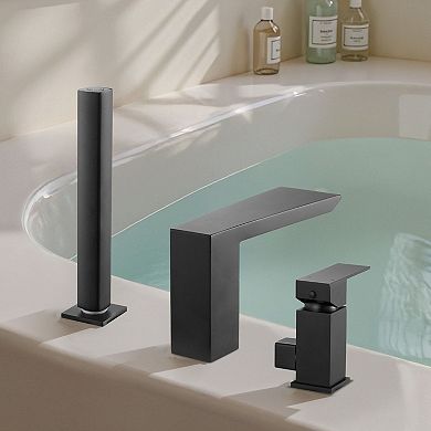 3-Hole Deck Mount Tub Faucet with Dual Handles and Hand Shower - Matte Black
