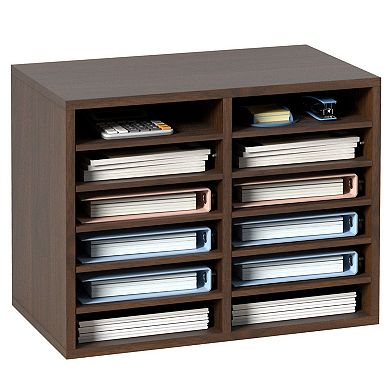 Wood Literature Organizer with 12 Compartments and Adjustable Shelves