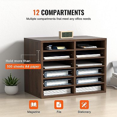 Wood Literature Organizer with 12 Compartments and Adjustable Shelves