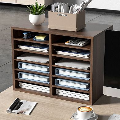 Wood Literature Organizer with 12 Compartments and Adjustable Shelves