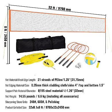 Portable Volleyball and Badminton Net Set with Adjustable Poles and Carry Bag