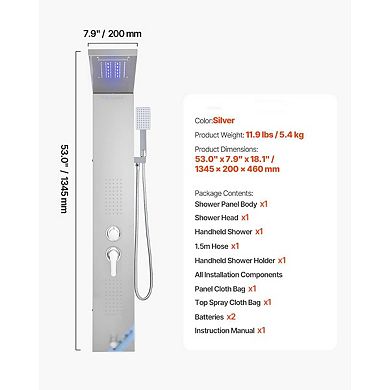 5-in-1 Stainless Steel Shower Panel with Adjustable Jets, Handheld, and Ambient LED Lights