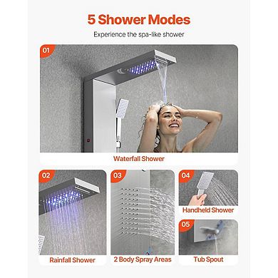 5-in-1 Stainless Steel Shower Panel with Adjustable Jets, Handheld, and Ambient LED Lights
