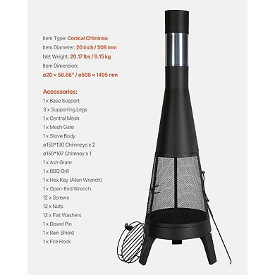 Iron Outdoor Chiminea with Grill Tall Chimney Design for Cooking and Warming