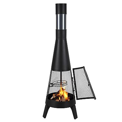 Iron Outdoor Chiminea with Grill Tall Chimney Design for Cooking and Warming