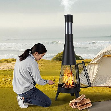 Iron Outdoor Chiminea with Grill Tall Chimney Design for Cooking and Warming