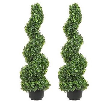 Set of 2 Artificial Spiral Topiary Trees 4ft, Green PE Plants for Indoor Outdoor Decor