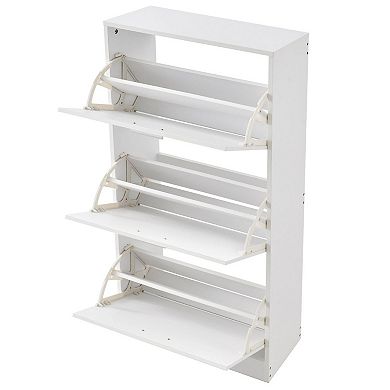 White Flip-Front Shoe Cabinet 3-Drawer Slim Entryway Storage with Wood Legs