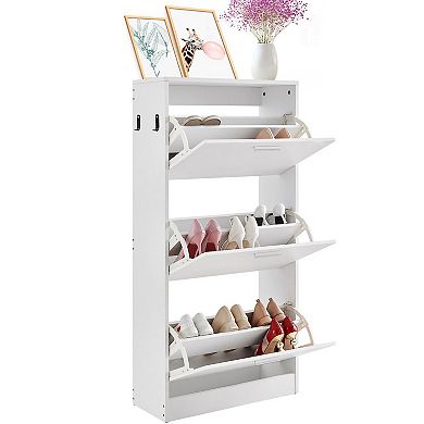 White Flip-Front Shoe Cabinet 3-Drawer Slim Entryway Storage with Wood Legs