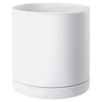 White Ceramic Plant Pot with Drainage Holes and Saucer for Houseplants