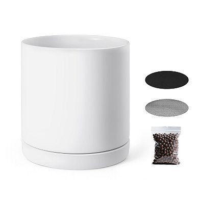 White Ceramic Plant Pot with Drainage Holes and Saucer for Houseplants