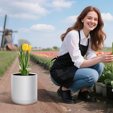 White Ceramic Plant Pot with Drainage Holes and Saucer for Houseplants