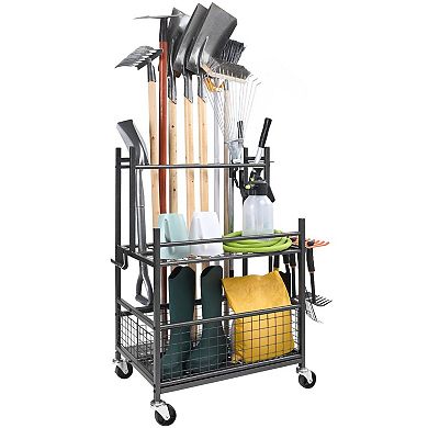 Steel Garden Tool Rack with Adjustable Feet, Hooks, and Heavy Tool Storage