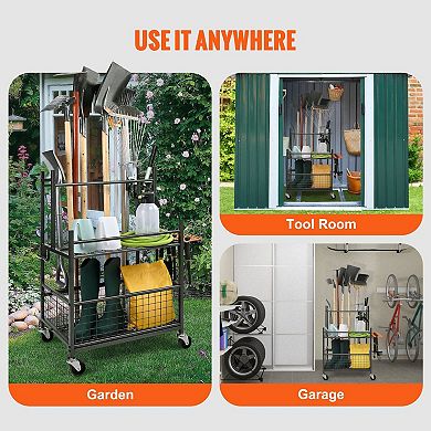 Steel Garden Tool Rack with Adjustable Feet, Hooks, and Heavy Tool Storage