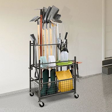 Steel Garden Tool Rack with Adjustable Feet, Hooks, and Heavy Tool Storage