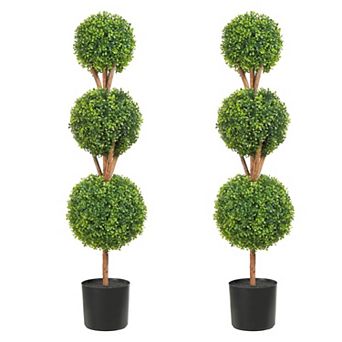 48" Artificial Boxwood Topiary Trees Set of 2 Three-Ball Design for Indoor or Outdoor Decor