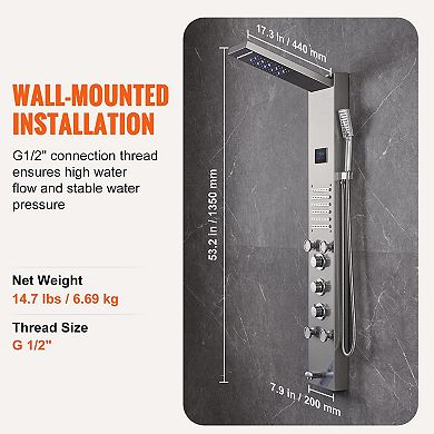 6-in-1 Wall-Mount Shower Panel with Rainfall, Waterfall, Massage Jets, and Handheld