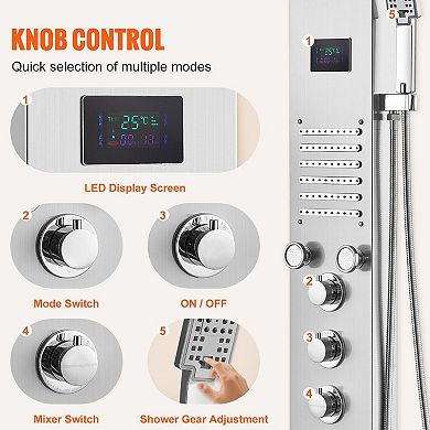 6-in-1 Wall-Mount Shower Panel with Rainfall, Waterfall, Massage Jets, and Handheld
