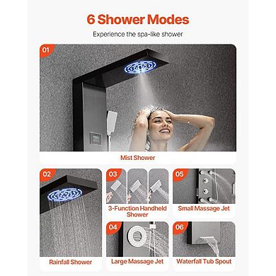 6-in-1 Wall-Mount Shower Panel with Rainfall, Mist, Massage Jets, Spout, and Handheld