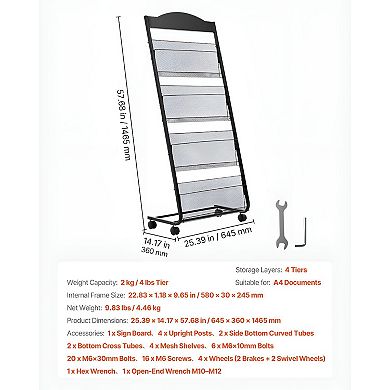 4-Tier Metal Literature Display Rack with Casters for Brochures, Magazines, and Flyers - Black