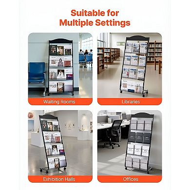 4-Tier Metal Literature Display Rack with Casters for Brochures, Magazines, and Flyers - Black
