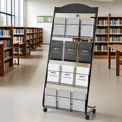 4-Tier Metal Literature Display Rack with Casters for Brochures, Magazines, and Flyers - Black
