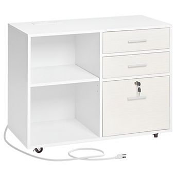 Mobile File Cabinet with Top Surface, LED-Illuminated Shelves, and Lockable Drawer - White