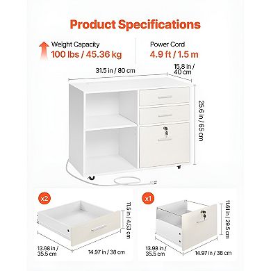 Mobile File Cabinet with Top Surface, LED-Illuminated Shelves, and Lockable Drawer - White
