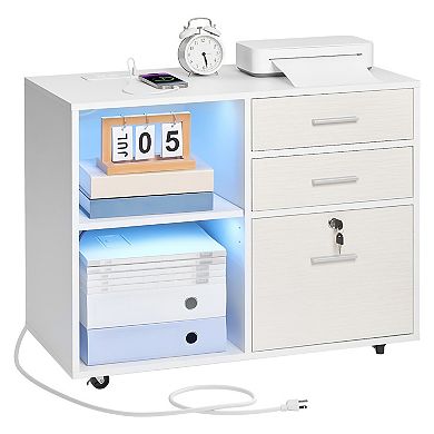 Mobile File Cabinet with Top Surface, LED-Illuminated Shelves, and Lockable Drawer - White