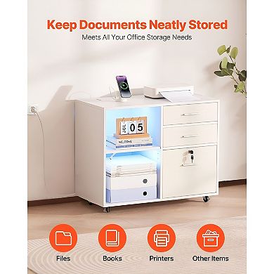Mobile File Cabinet with Top Surface, LED-Illuminated Shelves, and Lockable Drawer - White
