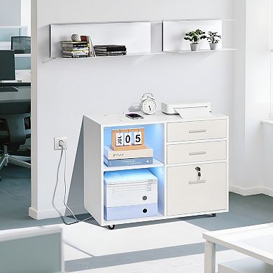 Mobile File Cabinet with Top Surface, LED-Illuminated Shelves, and Lockable Drawer - White