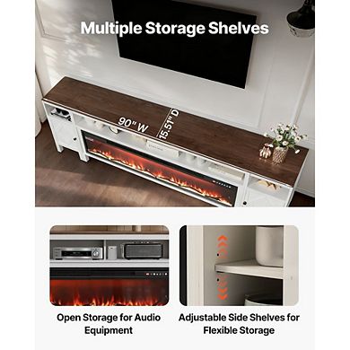 Farmhouse 100" TV Console with 60" Electric Fireplace and Media Storage Cabinets White