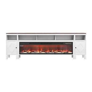 Farmhouse 100" TV Console with 60" Electric Fireplace and Media Storage Cabinets White